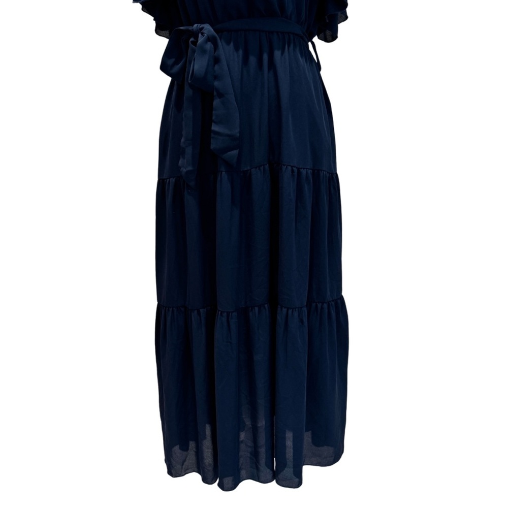 NWOT Navy Blue Flowy Midi Dress | Ruffle Sleeves + Elastic Waist (M) - Picture 5 of 13